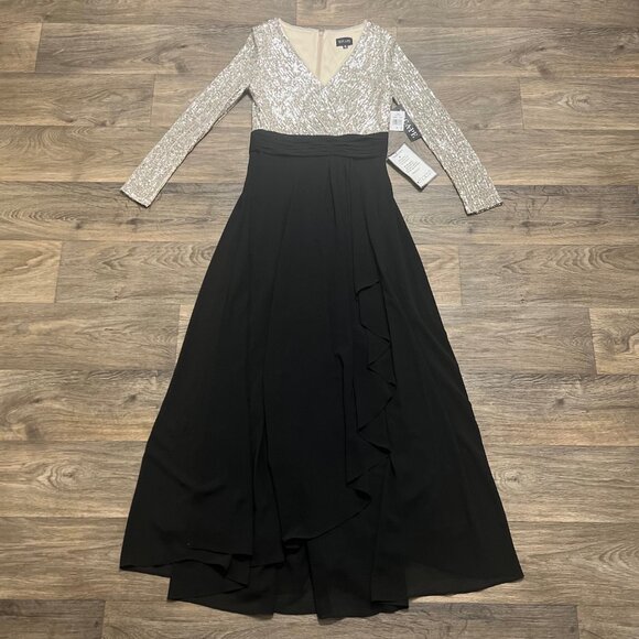 NEW Xscape Sequined Chiffon Long Sleeve Gown Dress Black Nude Silver Size 8 NWT - Picture 5 of 9